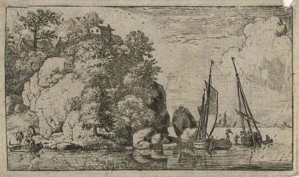 Dois barcos em um rio largo (gravura em papel)